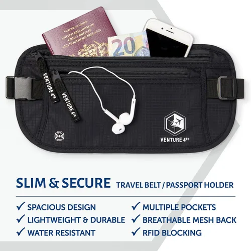 Vista 3 de VENTURE 4TH Cinturón de dinero de viaje, soporte delgado para pasaporte, bolsa de viaje con bloqueo RFID para proteger efectivo, tarjetas de crédito