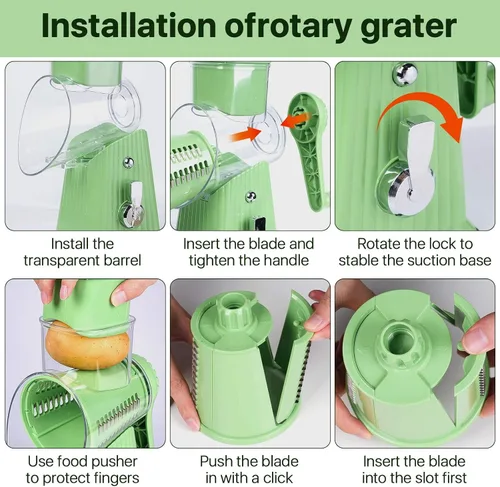 Vista 3 de Rallador rotativo de queso con 5 cuchillas, tubo grande para alimentos, empujador de alimentos de seguridad, base de succión fuerte, verde menta
