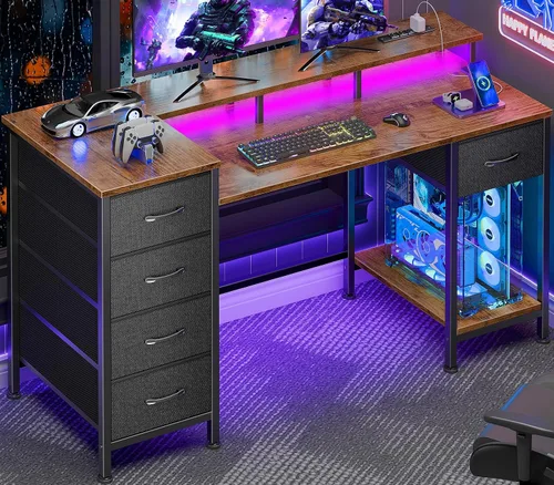 Vista 11 de Korfile - Escritorio para computadora de 47 pulgadas con 5 cajones de almacenamiento de tela, escritorio para juegos con tomas de corriente y luces