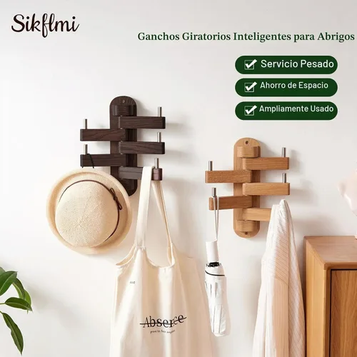 Vista 3 de Perchero giratorio para pared, ganchos de pared de madera de roble con 5 brazos plegables giratorios, estante de entrada para dormitorio, entrada