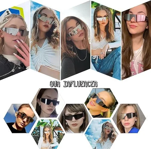 Vista 4 de Mldvect Lentes de sol futuristas Y2k sin montura Cyberpunk Visera, lentes de sol a la moda para mujeres y hombres