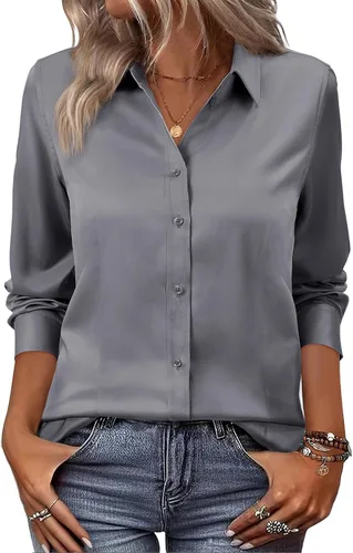 Vista 14 de siliteelon Camisas de vestir con botones para mujer, camisas de vestir de manga larga, algodón de corte clásico