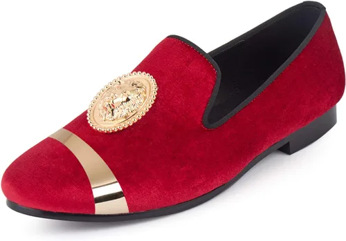 Vista 2 de Mocasines de terciopelo rojo para hombre con hebilla de animal dorado y placa hechos a mano
