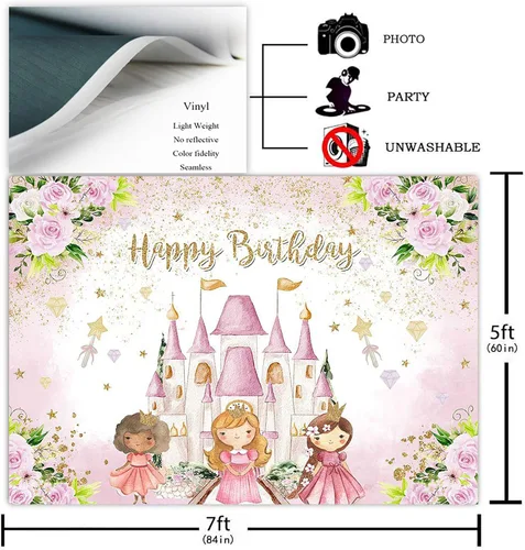 Vista 2 de Avezano Telón de fondo de cumpleaños de castillo de princesa, rosa, floral, decoración de fiesta de cumpleaños para niñas dulces, estrellas doradas