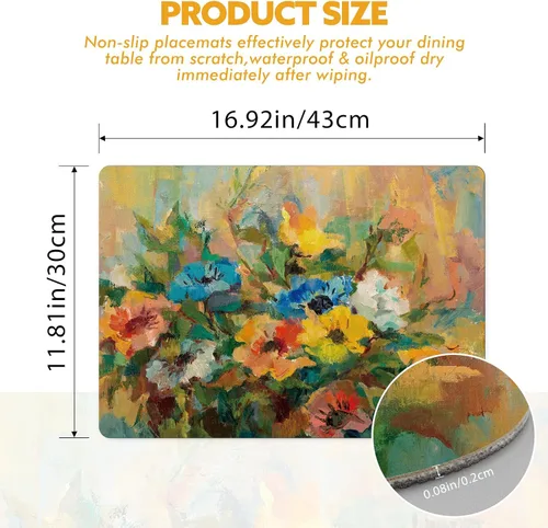 Vista 4 de Juego de 4 manteles individuales de piel sintética floral para decoración de banquetes de vacaciones, cocina, comedor, resistentes al calor