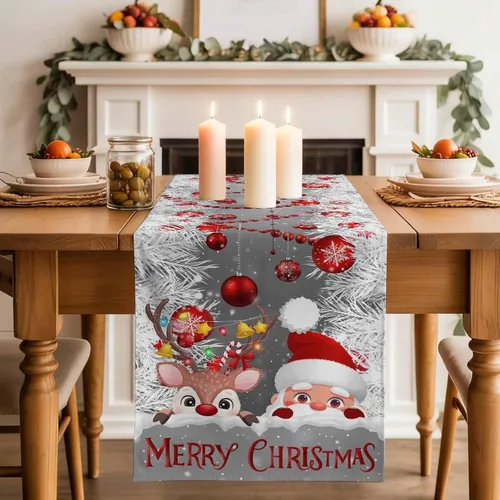 Vista 2 de Camino de mesa de Navidad con alce de Papá Noel gris de 120 pulgadas de largo, bufandas de vestir de granja, bolas de Navidad rojas, copo de nieve