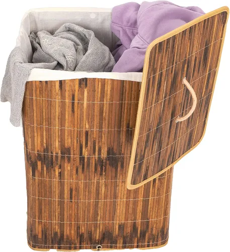 Vista 3 de Cesto rectangular de bambú plegable impermeable con tapa y asas para organizador, ropa, juguetes duraderos contenedor de lavado para fácil transporte