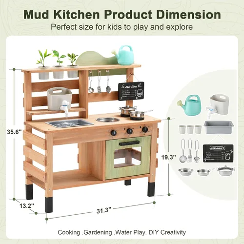 Vista 2 de OLLIKIVI Cocina de juego al aire libre para niños Juego de cocina de barro de madera con fregadero extraíble, área de plantación, horno, estufa