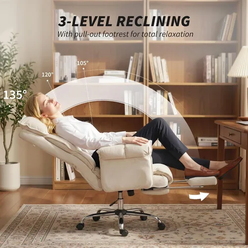 Vista 6 de HOMCOM Silla de escritorio cómoda reclinable con reposapiés, asiento extra Blanco crema