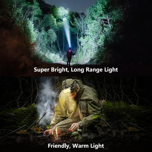 Vista 3 de Linterna frontal súper brillante recargable – 6 LED y 2 COB, rotación de 90°, pantalla de alimentación digital, 15 modos con luz roja, impermeable