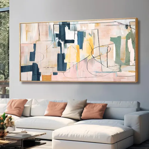 Vista 16 de Artexist Arte de Pared de Lienzo Abstracto Grande Pintura Rosa Decoración de Dormitorio Amarillo Arte Azul Marino Impresiones de Arte Fotográficas