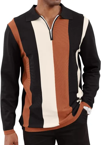 Vista 16 de Camisas polo de moda para hombre, camisas de punto vintage a rayas, camisas de golf casuales ajustadas
