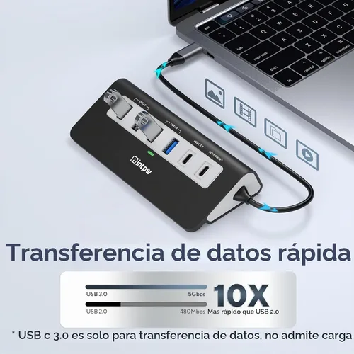 Vista 4 de P9 USB C Hub, INTPW 9-en-1 Adaptador USB Multipuerto con HDMI 4K, PD 100W, USB-C y 2 USB A 3.0 5Gbps, 2 USB A 2.0, Lector de Tarjetas SD/TF, Hub USB