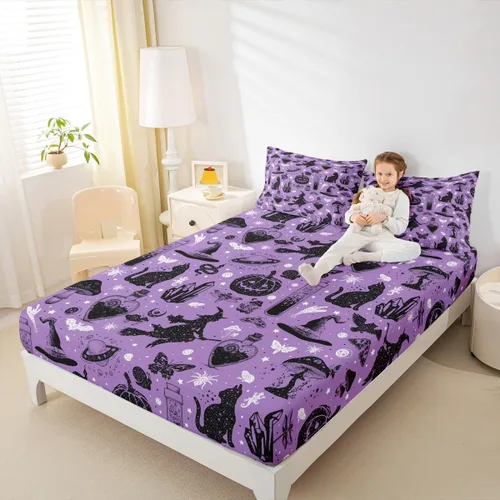 Vista 6 de Sábana bajera ajustable de Halloween tamaño individual, sábanas de calabaza y gato para niñas y niños, sombrero de bruja espeluznante morado