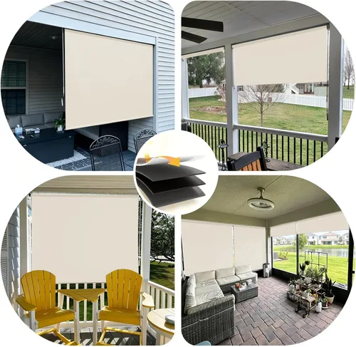 Vista 4 de Persianas opacas personalizadas para exteriores, beige, impermeables, resistentes al viento, protección UV premium, pantalla de privacidad para Tela