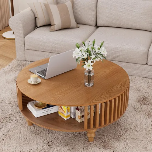 Vista 7 de Mesa de centro redonda de 30.7 pulgadas con almacenamiento, mesa auxiliar moderna de 2 niveles, patas de madera maciza, mesa central pequeña