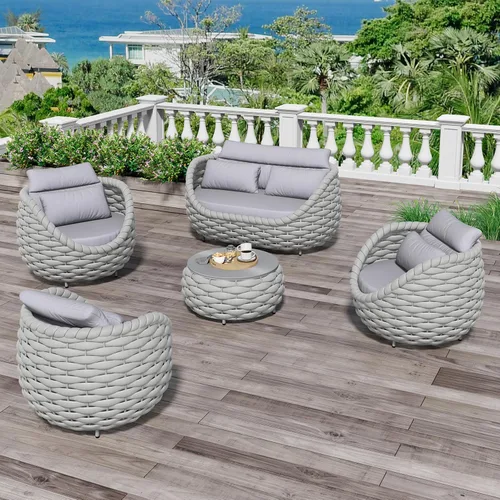 Vista 16 de Juego de muebles de patio de aluminio de 3 piezas: cuerda tejida a mano para conversación al aire libre, juego de 2 cojines modernos montados, juego
