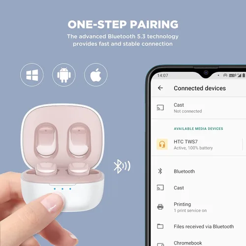 Vista 4 de HTC True Wireless Earbuds 2023 7 Bluetooth 5.3, auriculares intrauditivos con cancelación de ruido para juegos, ejercicio, latencia ultra baja de 45