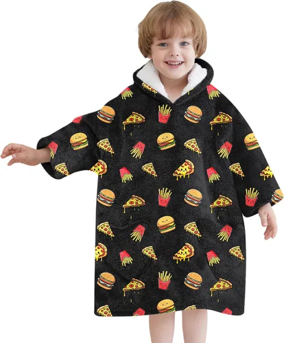 Vista 22 de Fiosnow Manta con capucha de pizza y papas fritas para niños de 6 a 13 años, manta de gran tamaño para niños, niñas y adolescentes Pizza negra