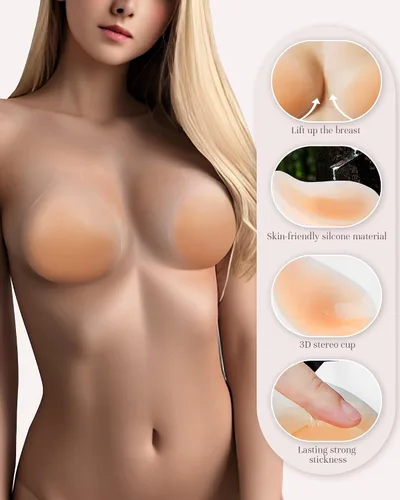 Vista 4 de APOWUS Sujetadores adhesivos adhesivos para mujer, brasier invisible sin espalda para busto grande, reutilizable con cubiertas para pezones, L