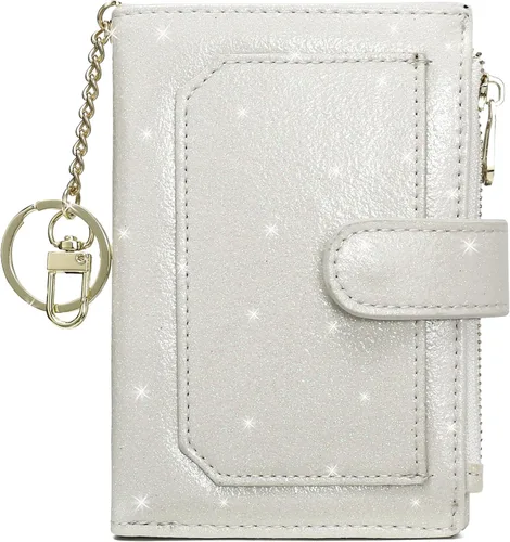 Vista 8 de Carteras para mujer RFID pequeñas y compactas de cuero con doble pliegue, con bolsillo con cremallera, medio, Compacto Purpurina púrpura claro