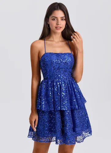 Vista 6 de YUAOHUANG Vestido de fiesta de lentejuelas con tirantes delgados 2025 vestidos de cóctel cortos escalonados para mujer