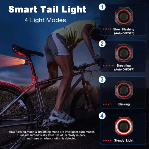 Vista 4 de WSDCAM Luz trasera inteligente para bicicleta, luz de freno de bicicleta, luz de freno automático, antirrobo, alarma de bicicleta con control
