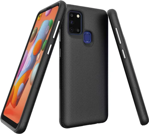 Vista 6 de Funda para Samsung Galaxy A21S, doble capa, agarre mejorado, arañazos, textura rígida, botón independiente (negro)