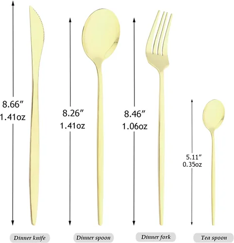 Vista 7 de Juego de cubiertos de acero inoxidable 18/0 con espejo, 24 piezas, incluye cuchillo, tenedor, cuchara, cucharadita, cubiertos para el hogar, Dorado