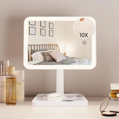 Vista 10 de FUNTOUCH Espejo de tocador de maquillaje recargable con luces, espejo de escritorio grande iluminado con 96 luces LED y aumento de 10x, iluminación