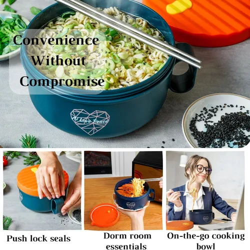Vista 7 de Tazón de ramen para microondas para sopa y fideos instantáneos con bolsa de almuerzo aislada con cultery, cocina de ramen para microondas