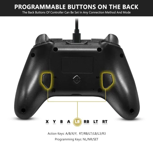Vista 9 de Control con cable para Xbox con botón trasero, controlador para juegos, doble vibración, joystick compatible con Xbox OneOne XOne SOne Series XS