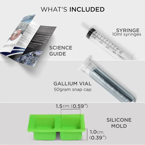 Vista 4 de Metal líquido de galio de 1.76 oz, 99.99% de galio fundido puro – vial de 1.76 oz, jeringa, cubos de molde de silicona y guía completa