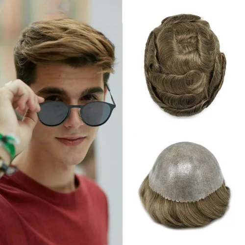 Vista 532 de Toupee para hombre 100% cabello humano real tupé para hombres 0.004 in piel de poliuretano para hombre, sistema de reemplazo de piezas de pelo