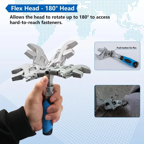 Vista 7 de Llave ajustable Flexhead, llaves de media luna de trinquete de 10" a 12" con vástago de extensión retráctil y cabezal giratorio de 180⁰