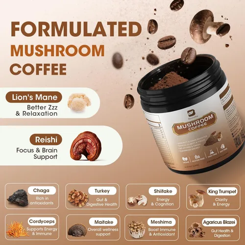 Vista 2 de Café de hongos - Café instantáneo en polvo de hongos de melena de león con melena de león, reishi, chaga, cordyceps y cola de pavo - Alternativa