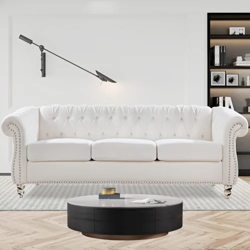 Vista 13 de Chesterfield Sofás para sala de estar, brazo enrollado negro de 3 plazas, cuero sintético de 84 pulgadas, sofá grande con botón profundo con cabeza