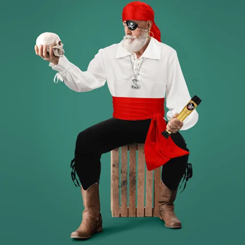 Vista 5 de Juego de 9 piezas de disfraz de pirata para adulto, medieval, renacentista, camisa vikinga, bandana, cinturón y pantalones para Halloween y cosplay