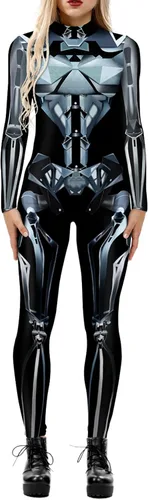 Vista 28 de Enterizo de mujer con estampado de esqueleto de robot mecánico 3D para Halloween, disfraz de cosplay