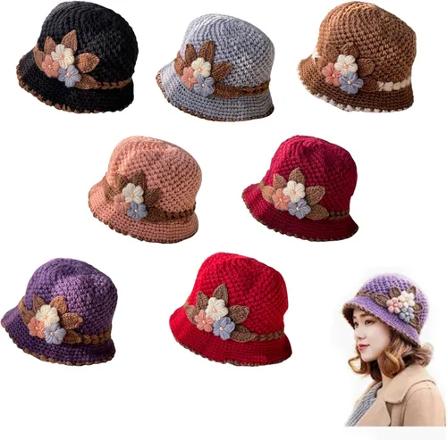 Vista 2 de Lady French Thicken - Gorro de lana de punto con flores para mujer, con flores