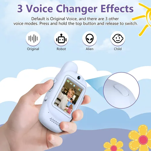 Vista 5 de Walkie Talkies de video para niños, paquete de 2 walkie talkies de video recargables, cámara HD, cambiador de voz, para diversión familiar, Azul