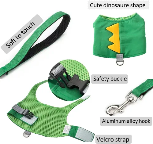 Vista 3 de Juego de arnés y correa para perro con forma de dinosaurio, arnés de chaleco verde con cuerda para caminar, chaleco cómodo sin tirones para mascotas