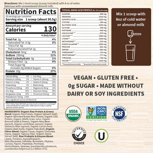Vista 5 de Garden of Life Raw Organic Protein & Greens, Chocolate Cacao, 1 lb 5.51 oz (610 g) (Paquete de 6)