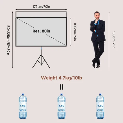 Vista 5 de Pantalla de proyector con soporte, pantalla de proyector portátil de 80 pulgadas para exteriores e interiores, pantalla de proyección ALR de 1.5