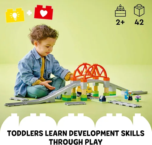 Vista 2 de LEGO DUPLO Town - Juego de expansión de puente y pistas de tren, 10 piezas adicionales de vías de tren, juego de tren para preescolar y niños