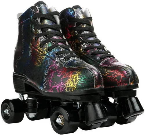 Vista 5 de Patines de ruedas para mujeres y hombres, zapatos altos de piel de vacuno, patines clásicos de doble fila, patines de cuatro ruedas para hombres