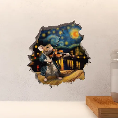 Vista 4 de Calcomanía de pared 3D con agujero de ratón con diseño de violín de noche estrellada