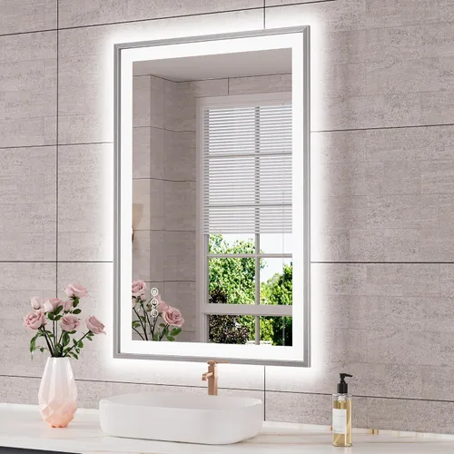 Vista 34 de Espejo de baño LED de 24x28 pulgadas con marco negro, espejos de baño retroiluminados y con luz frontal para pared, antiempañamiento, regulable
