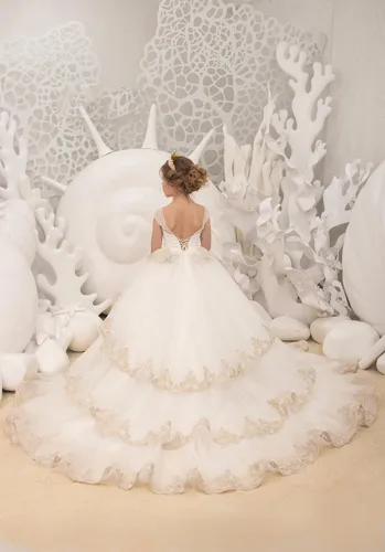 Vista 4 de Vestidos de tul con encaje en A, línea A, tutú para concurso de flores, para boda, primera comunión