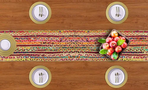 Vista 6 de COTTON CRAFT Camino de mesa de yute Chindi – Mesita reversible trenzada tejida a mano – Verano Otoño Cosecha Vacaciones Festivas Fiesta Boho Rural